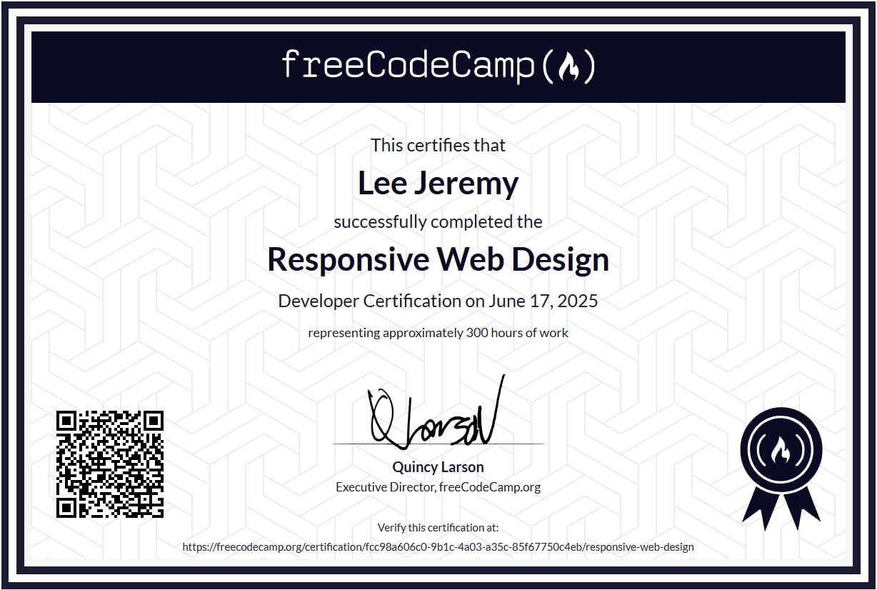 Picture of the author's reponsive web design certificate